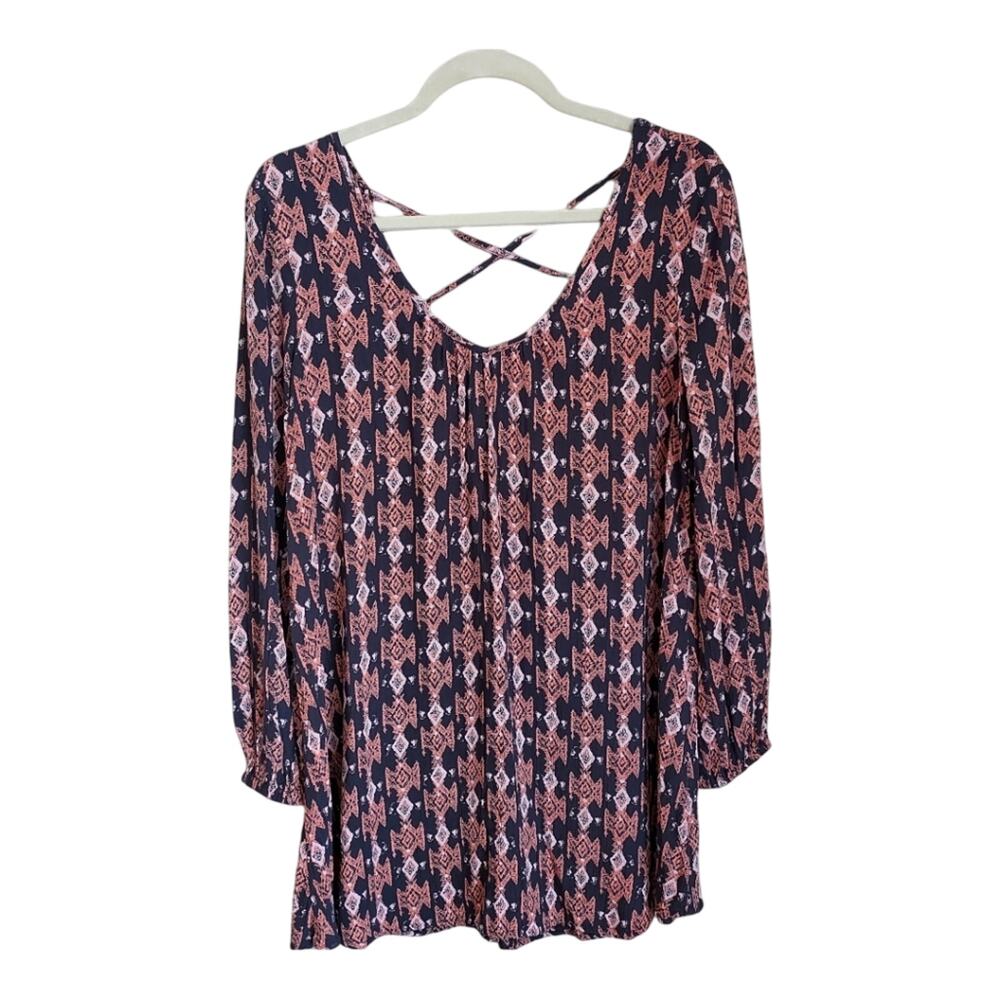 Billabong Criss Cross Loose Fit Long Sleeve Boho Tunic Shirt Mini Dress Sz XS